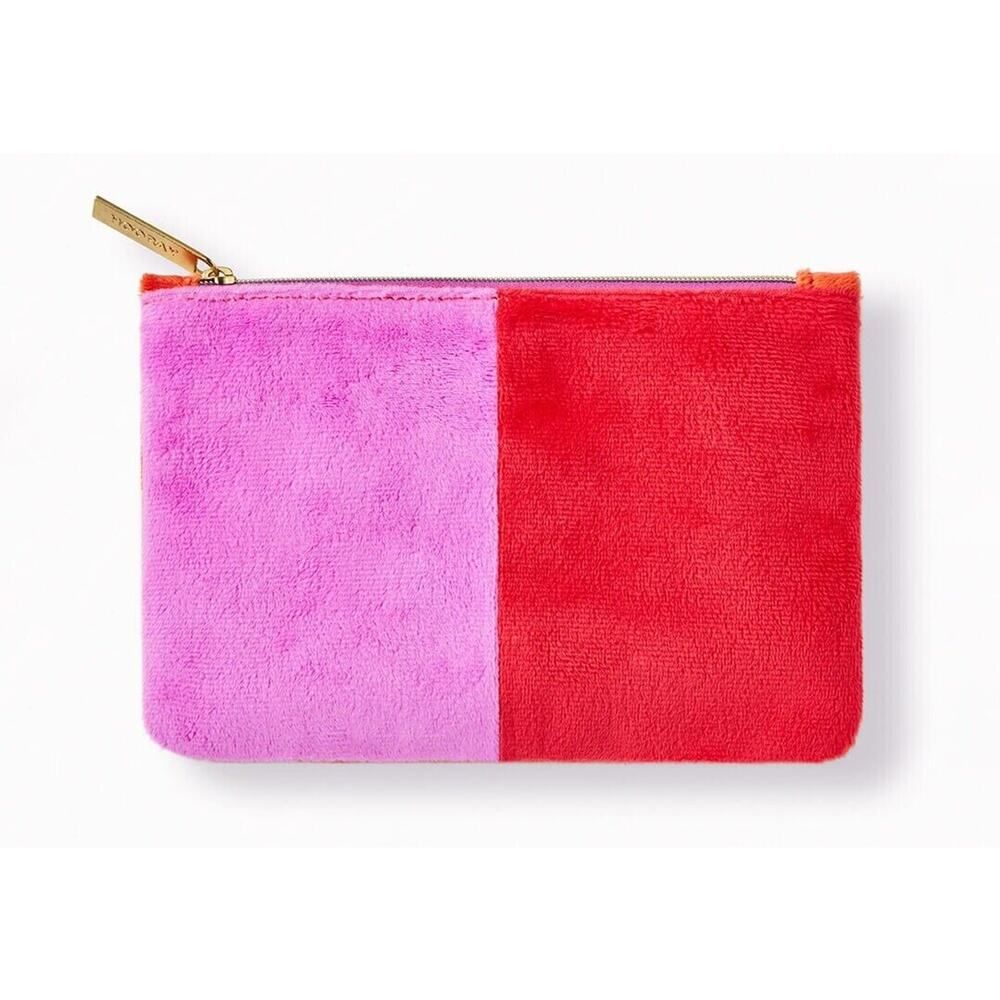 Pink Red Zip Makeup Bag Pencil Case Travel Pouch New Velour Wallet Clutch